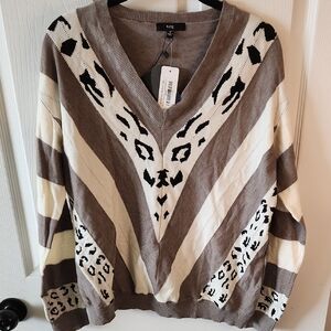 Fate V-Neck Sweater - Brown and Cream Animal Print
